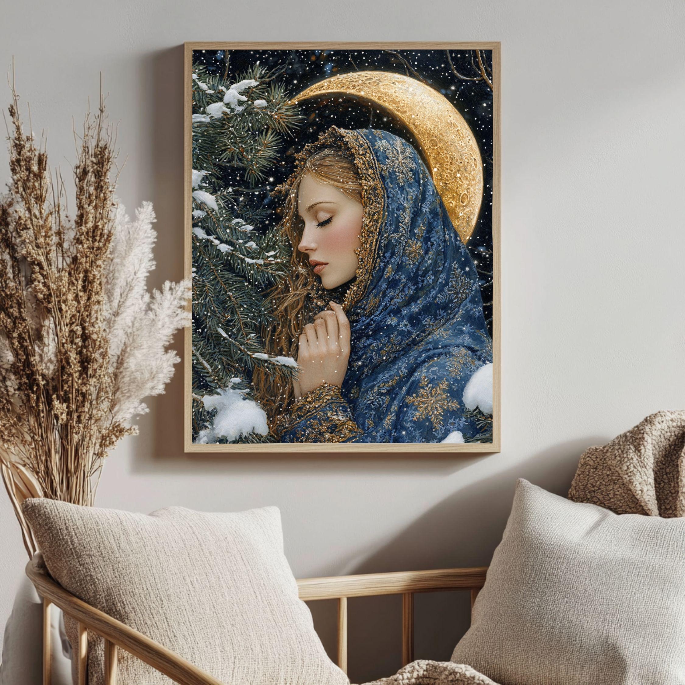 Golden Crescent Girl Wooden Canvas Art, Winter Moonlit Portrait Wall Decor, Enchanted Snowy Night Artwork for Cozy Magical Home Interiors