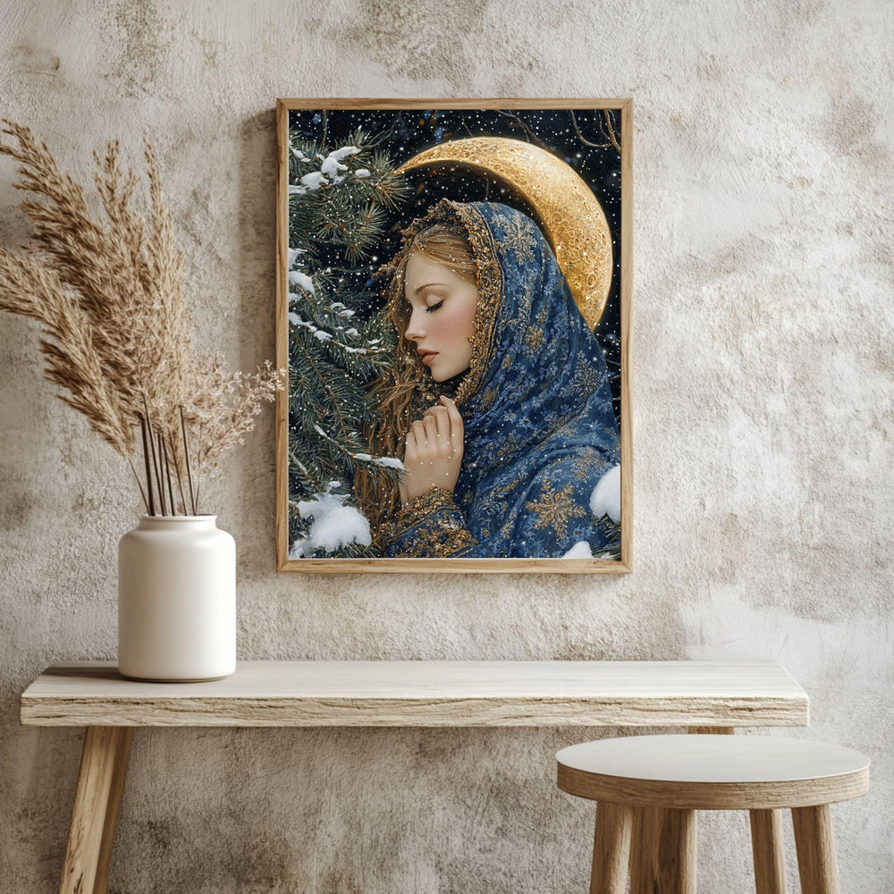 Golden Crescent Girl Wooden Canvas Art, Winter Moonlit Portrait Wall Decor, Enchanted Snowy Night Artwork for Cozy Magical Home Interiors