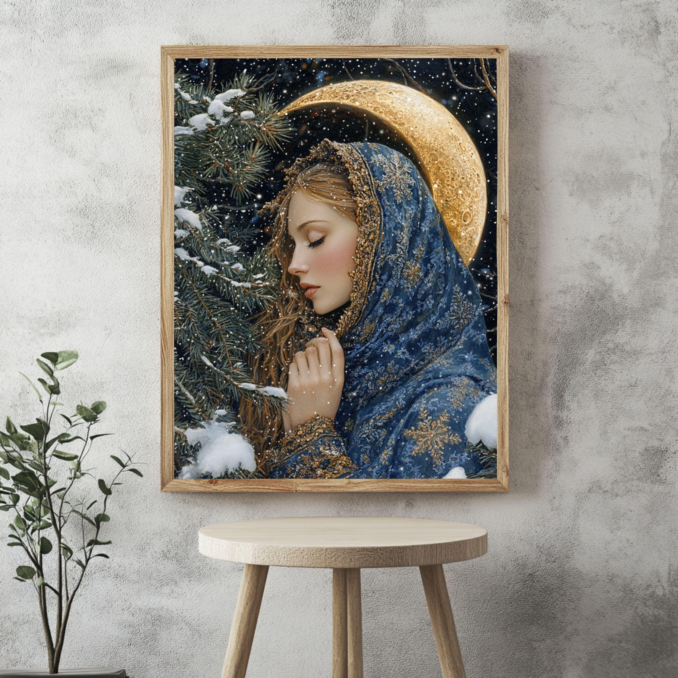 Golden Crescent Girl Wooden Canvas Art, Winter Moonlit Portrait Wall Decor, Enchanted Snowy Night Artwork for Cozy Magical Home Interiors