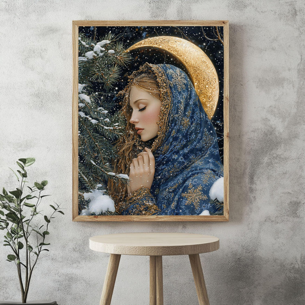 Golden Crescent Girl Wooden Canvas Art, Winter Moonlit Portrait Wall Decor, Enchanted Snowy Night Artwork for Cozy Magical Home Interiors