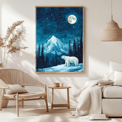 Polar Bear Moonlight Wooden Canvas Art, Arctic Night Landscape Wall Decor, Wilderness Artwork for Winter Homes and Nature Themed Spaces