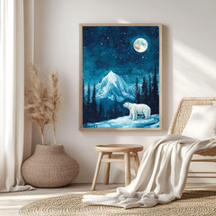Polar Bear Moonlight Wooden Canvas Art, Arctic Night Landscape Wall Decor, Wilderness Artwork for Winter Homes and Nature Themed Spaces