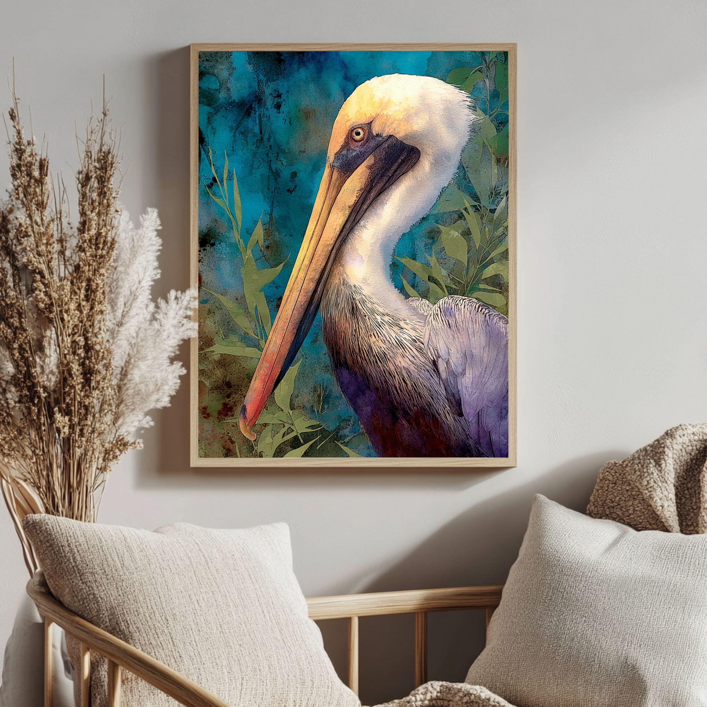 Pelican Marsh Wooden Canvas Art, Coastal Wildlife Bird Wall Decor, Teal Nature Scene Artwork for Beach House, Lake Cabin, and Home Interiors
