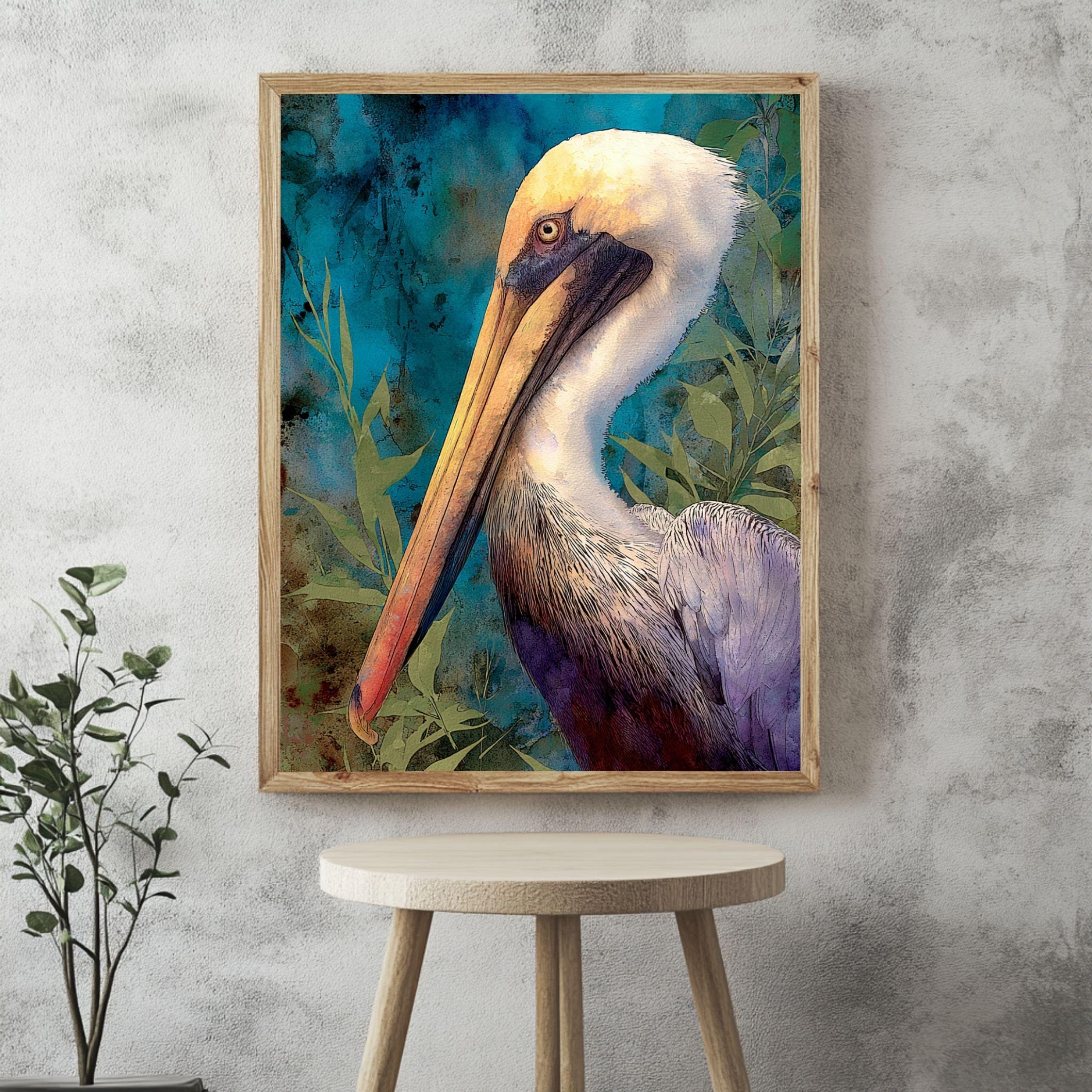 Pelican Marsh Wooden Canvas Art, Coastal Wildlife Bird Wall Decor, Teal Nature Scene Artwork for Beach House, Lake Cabin, and Home Interiors