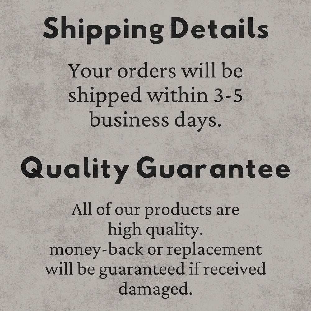 text that provides shipping details and a quality guarantee for the products.