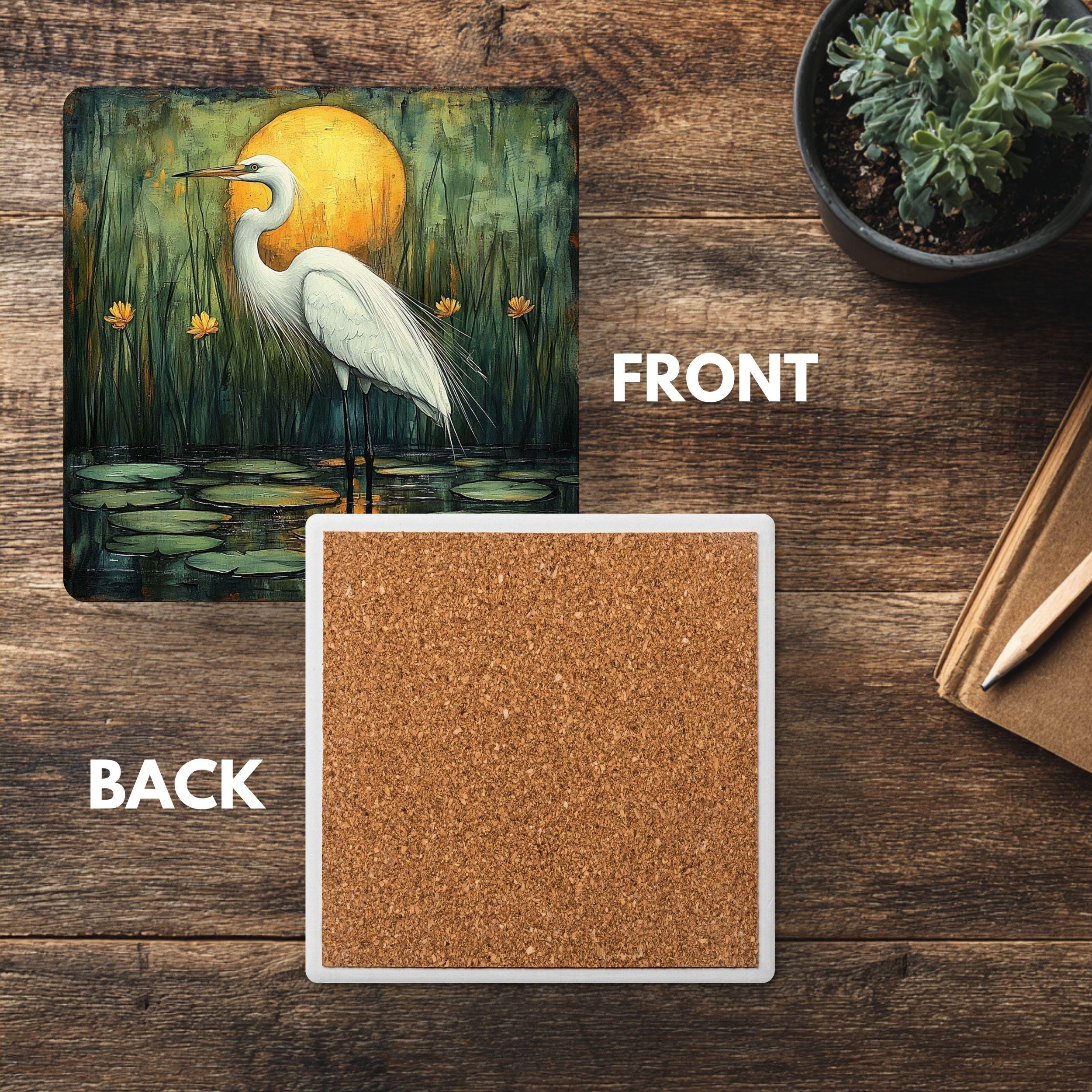 White Egret Coaster Set of 4, Nature-Inspired Heron Art Coasters, Golden Sunset Marsh Scene Ceramic Drink Coaster Set