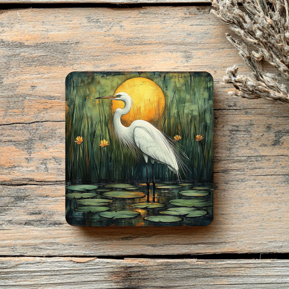 White Egret Coaster Set of 4, Nature-Inspired Heron Art Coasters, Golden Sunset Marsh Scene Ceramic Drink Coaster Set