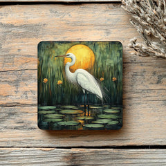 White Egret Coaster Set of 4, Nature-Inspired Heron Art Coasters, Golden Sunset Marsh Scene Ceramic Drink Coaster Set