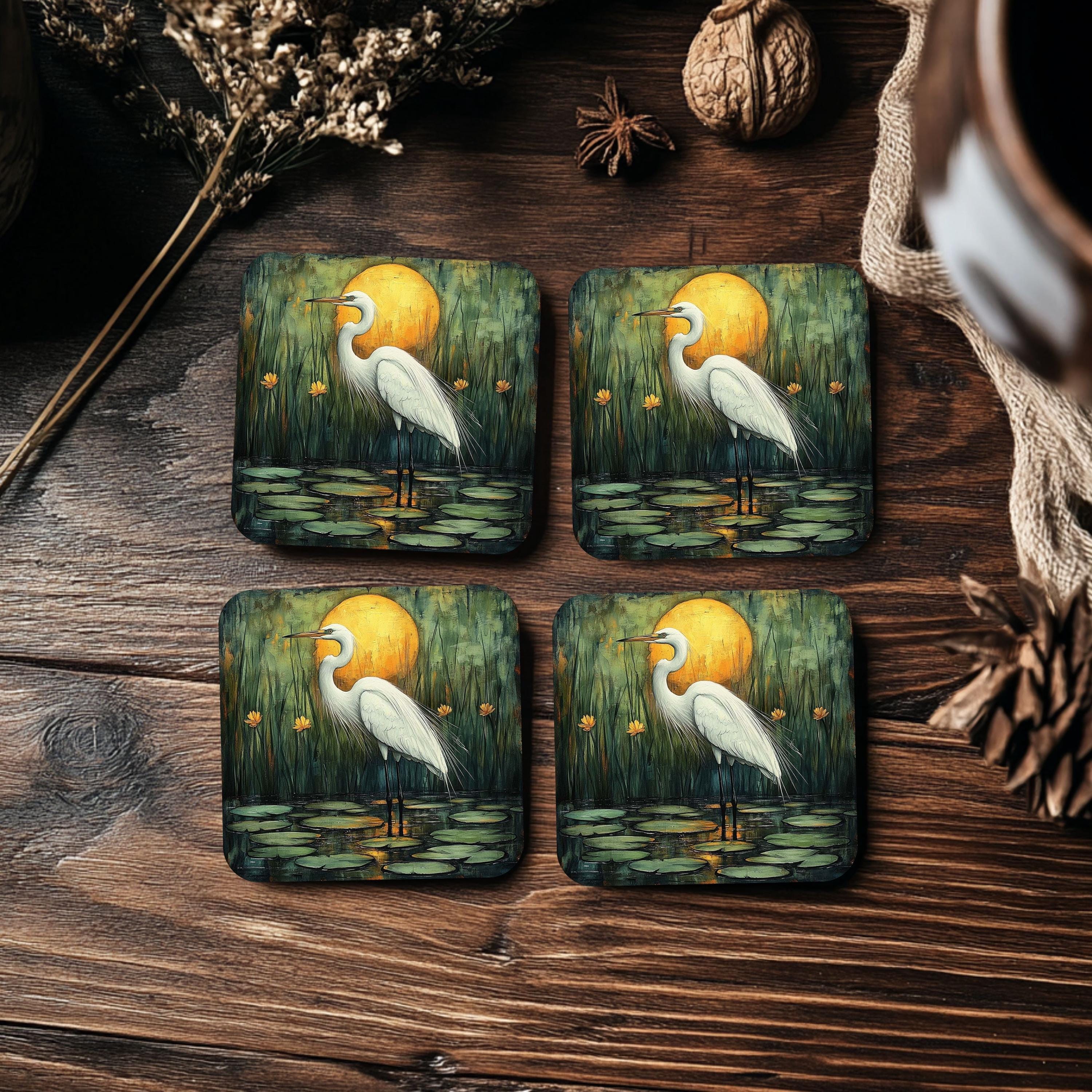 White Egret Coaster Set of 4, Nature-Inspired Heron Art Coasters, Golden Sunset Marsh Scene Ceramic Drink Coaster Set