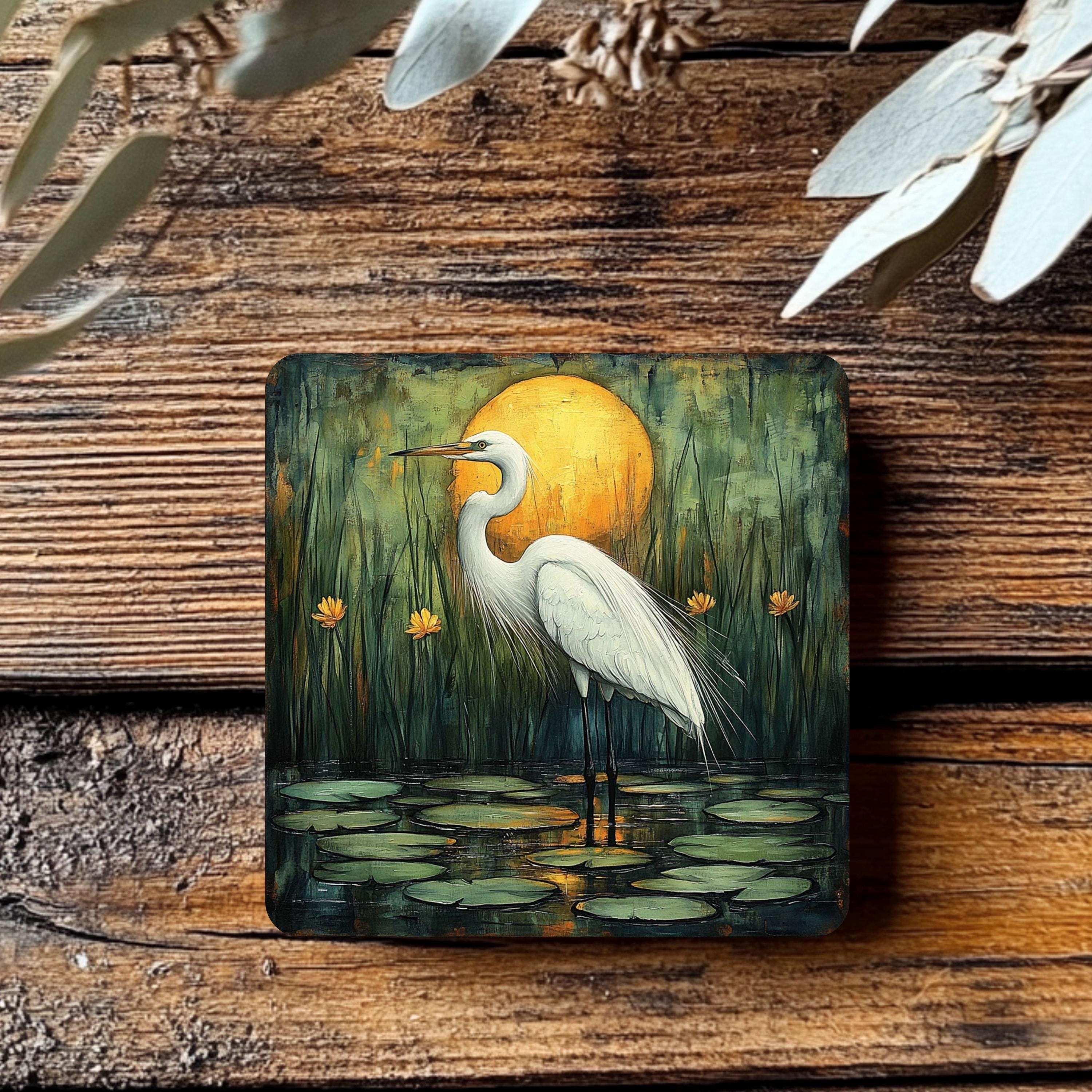 White Egret Coaster Set of 4, Nature-Inspired Heron Art Coasters, Golden Sunset Marsh Scene Ceramic Drink Coaster Set