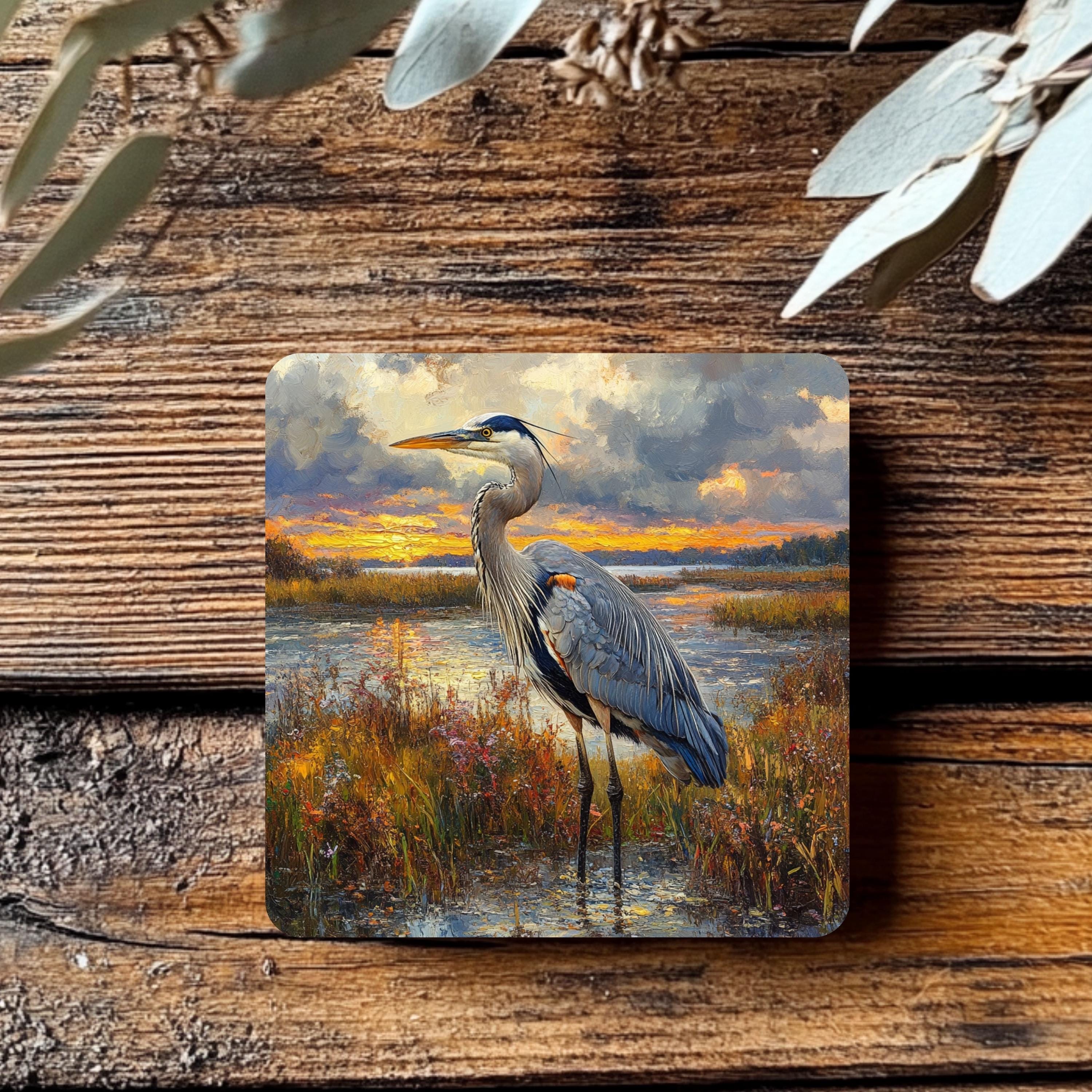 Blue Heron Coaster Set of 4, Coastal Bird Art Coasters, Marshland Sunset Landscape Ceramic Drink Coaster Set