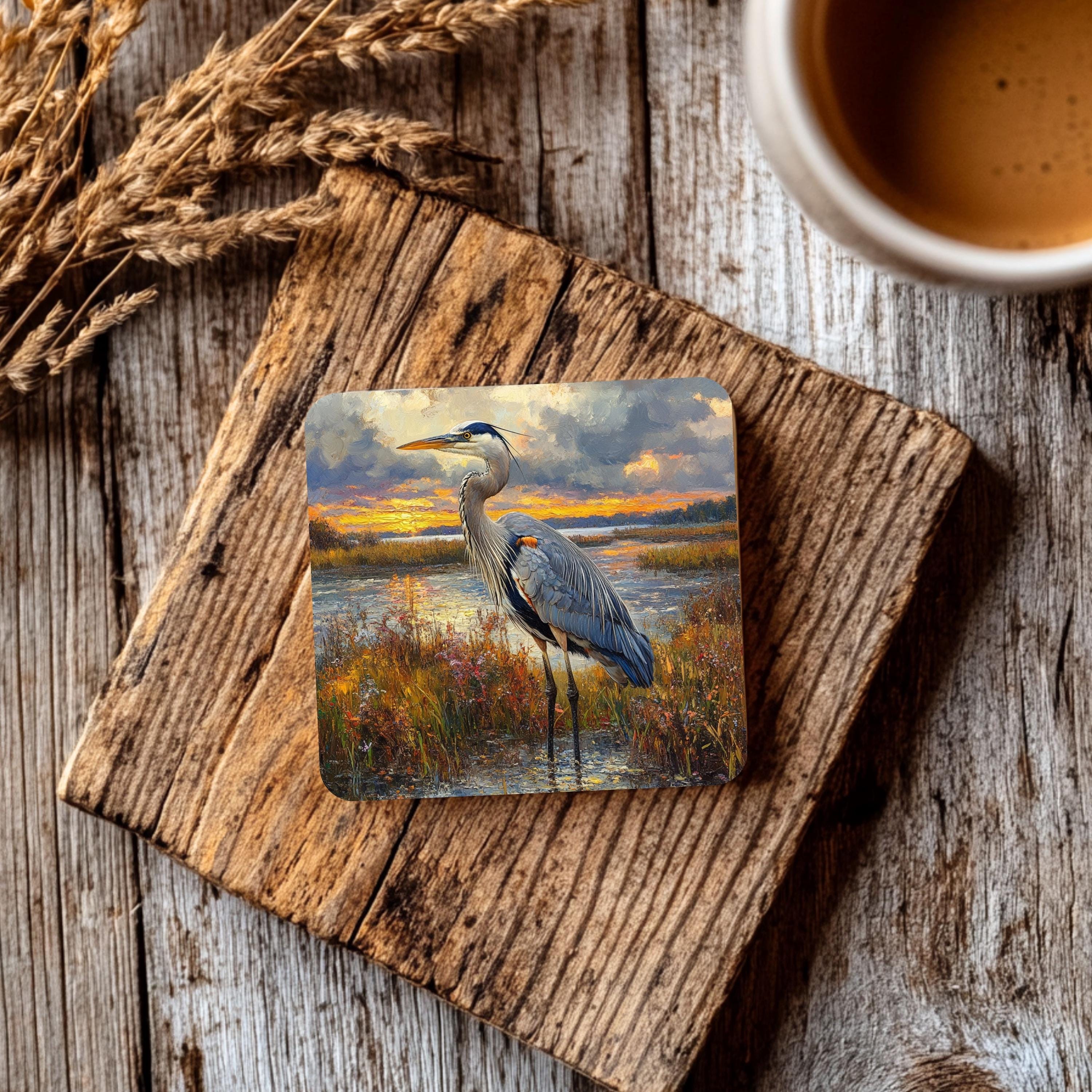 Blue Heron Coaster Set of 4, Coastal Bird Art Coasters, Marshland Sunset Landscape Ceramic Drink Coaster Set