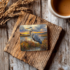Blue Heron Coaster Set of 4, Coastal Bird Art Coasters, Marshland Sunset Landscape Ceramic Drink Coaster Set