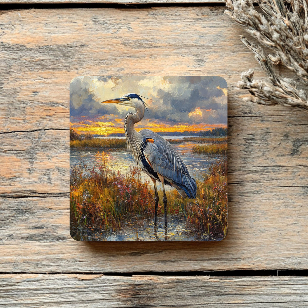 Blue Heron Coaster Set of 4, Coastal Bird Art Coasters, Marshland Sunset Landscape Ceramic Drink Coaster Set