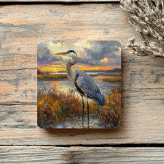 Blue Heron Coaster Set of 4, Coastal Bird Art Coasters, Marshland Sunset Landscape Ceramic Drink Coaster Set