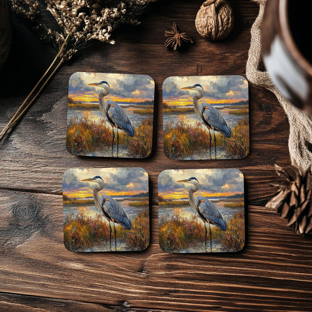 Blue Heron Coaster Set of 4, Coastal Bird Art Coasters, Marshland Sunset Landscape Ceramic Drink Coaster Set