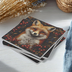 Red Fox Coaster Set of 4, Woodland Animal Art Coasters, Rustic Forest Berries Ceramic Drink Coaster Set