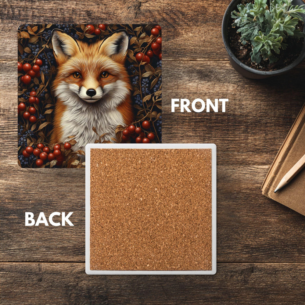 Red Fox Coaster Set of 4, Woodland Animal Art Coasters, Rustic Forest Berries Ceramic Drink Coaster Set