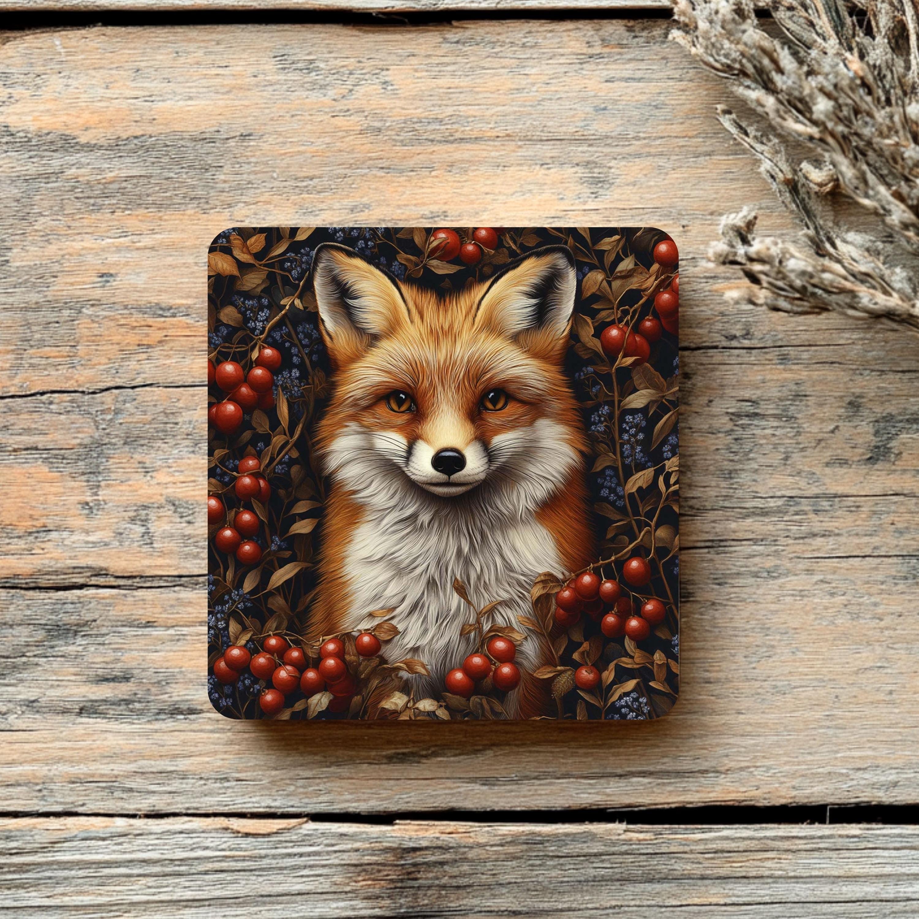 Red Fox Coaster Set of 4, Woodland Animal Art Coasters, Rustic Forest Berries Ceramic Drink Coaster Set