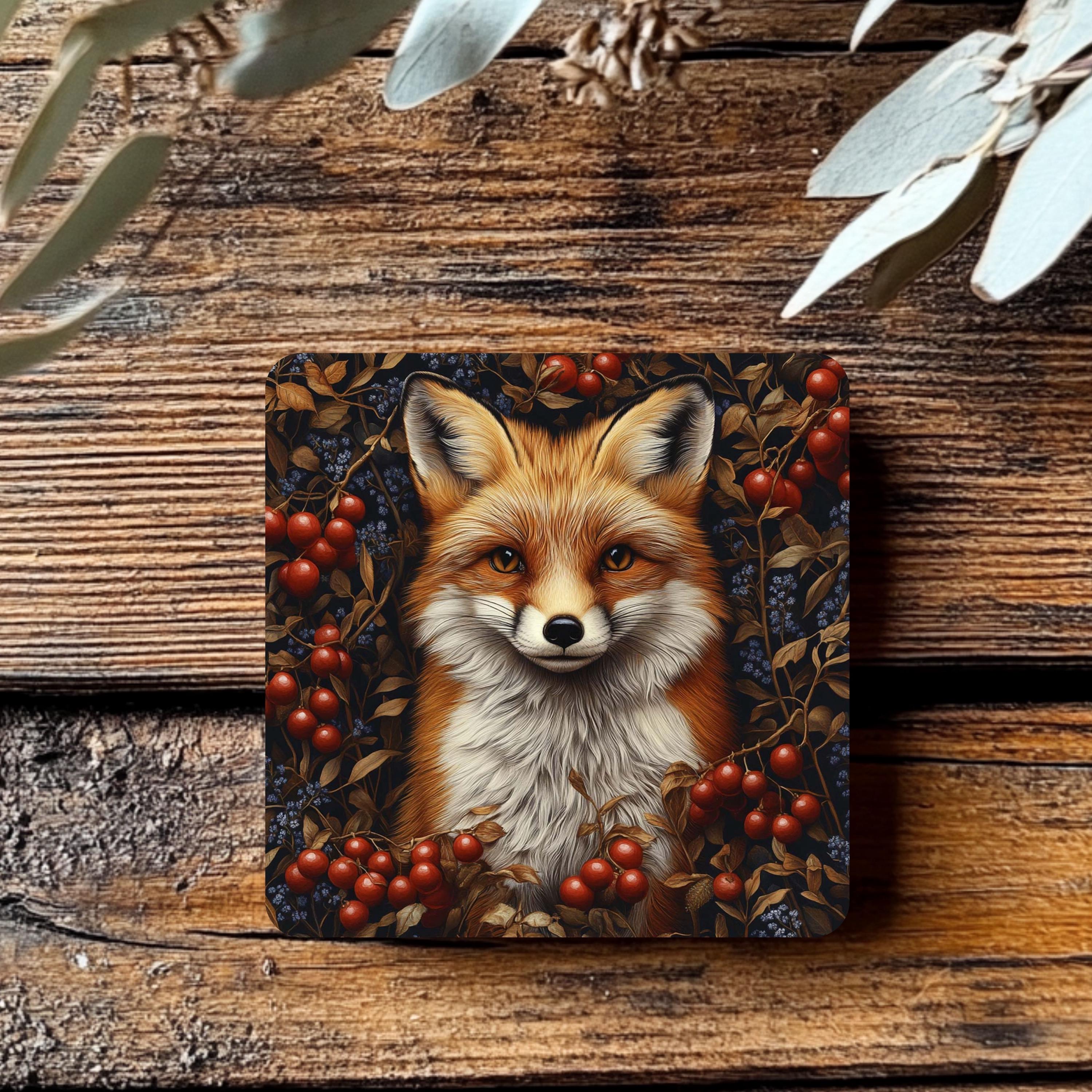 Red Fox Coaster Set of 4, Woodland Animal Art Coasters, Rustic Forest Berries Ceramic Drink Coaster Set