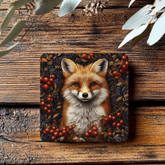 Red Fox Coaster Set of 4, Woodland Animal Art Coasters, Rustic Forest Berries Ceramic Drink Coaster Set