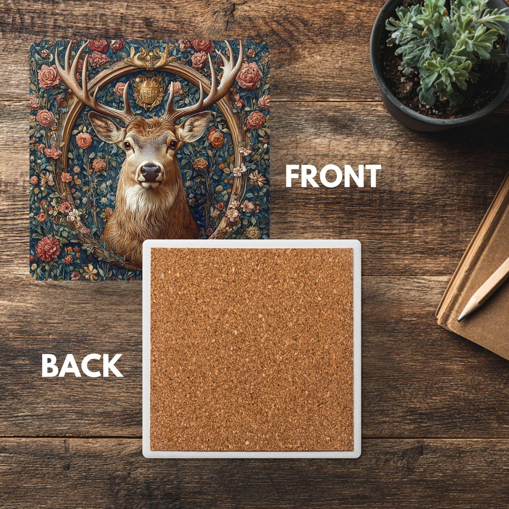 Deer Portrait Coaster Set of 4, Vintage Forest Floral Stag Art Coasters, Rustic Woodland Nature Ceramic Drink Coaster Set