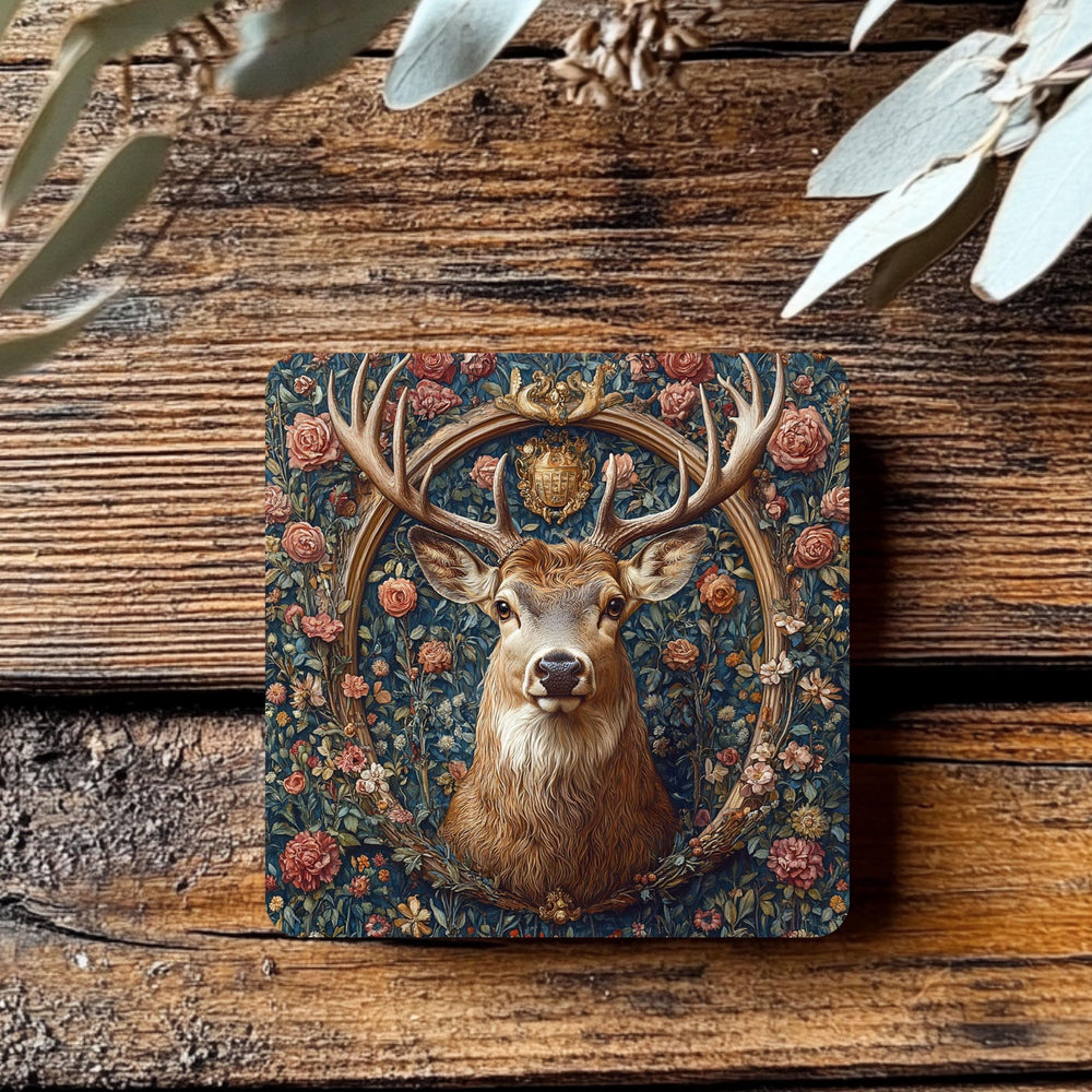 Deer Portrait Coaster Set of 4, Vintage Forest Floral Stag Art Coasters, Rustic Woodland Nature Ceramic Drink Coaster Set
