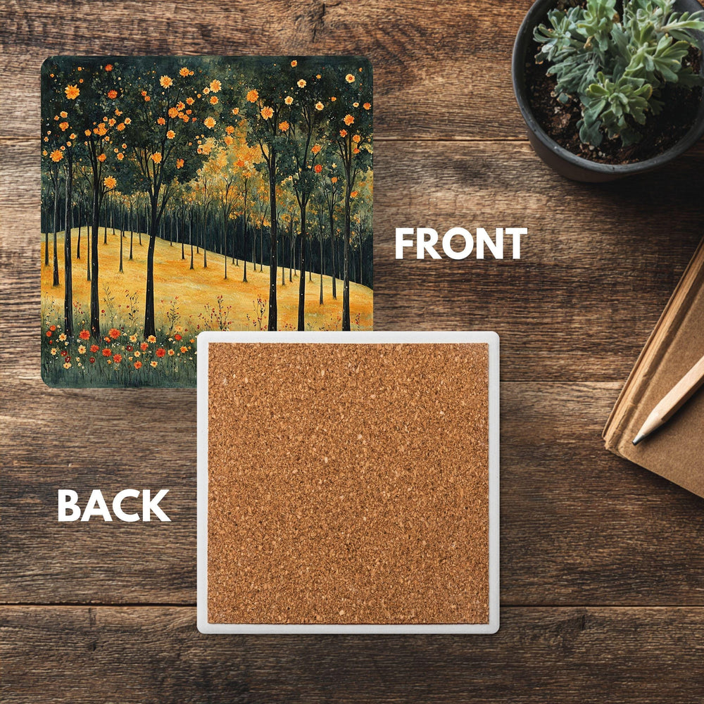 Autumn Forest Coaster Set of 4, Fall Trees and Flowers Art Coasters, Golden Meadow Landscape Ceramic Drink Coaster Set