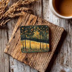 Autumn Forest Coaster Set of 4, Fall Trees and Flowers Art Coasters, Golden Meadow Landscape Ceramic Drink Coaster Set