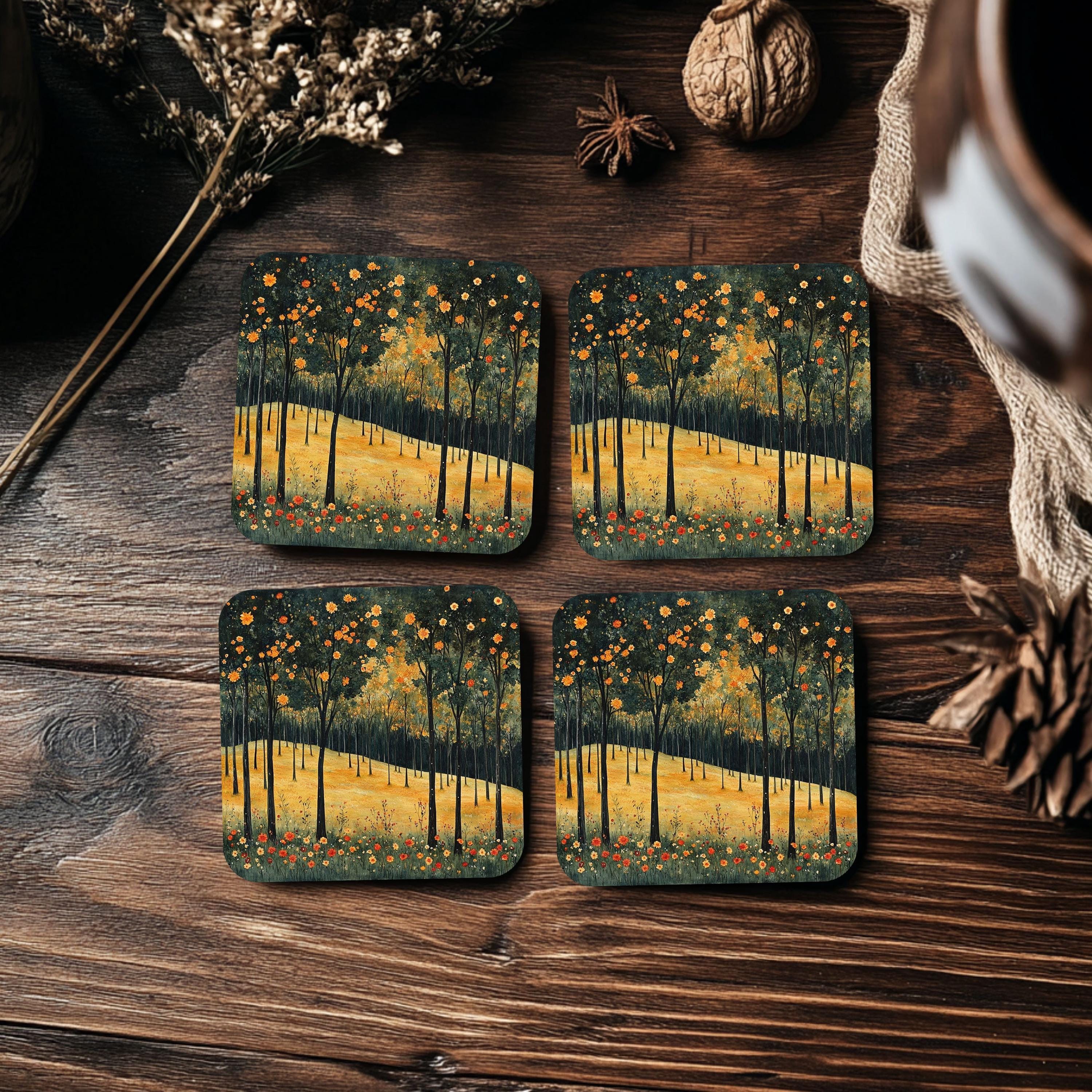 Autumn Forest Coaster Set of 4, Fall Trees and Flowers Art Coasters, Golden Meadow Landscape Ceramic Drink Coaster Set