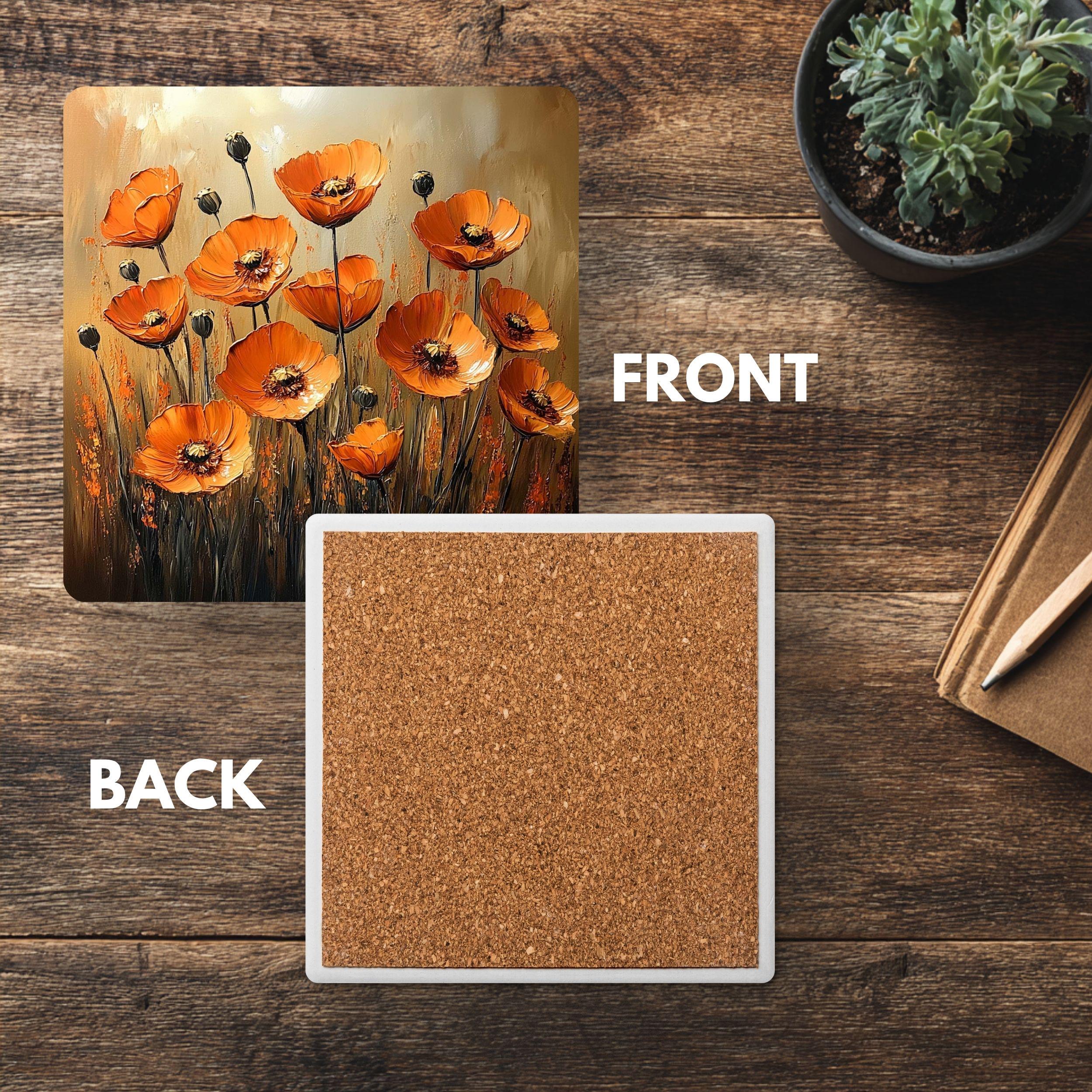 Rustic Orange Poppy Coaster Set of 4, Floral Botanical Ceramic Drink Coasters, Autumn Flower Home Decor Gift