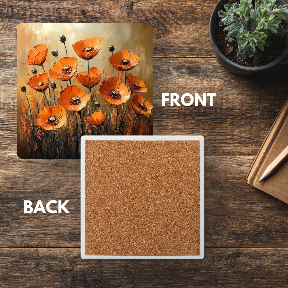 Rustic Orange Poppy Coaster Set of 4, Floral Botanical Ceramic Drink Coasters, Autumn Flower Home Decor Gift
