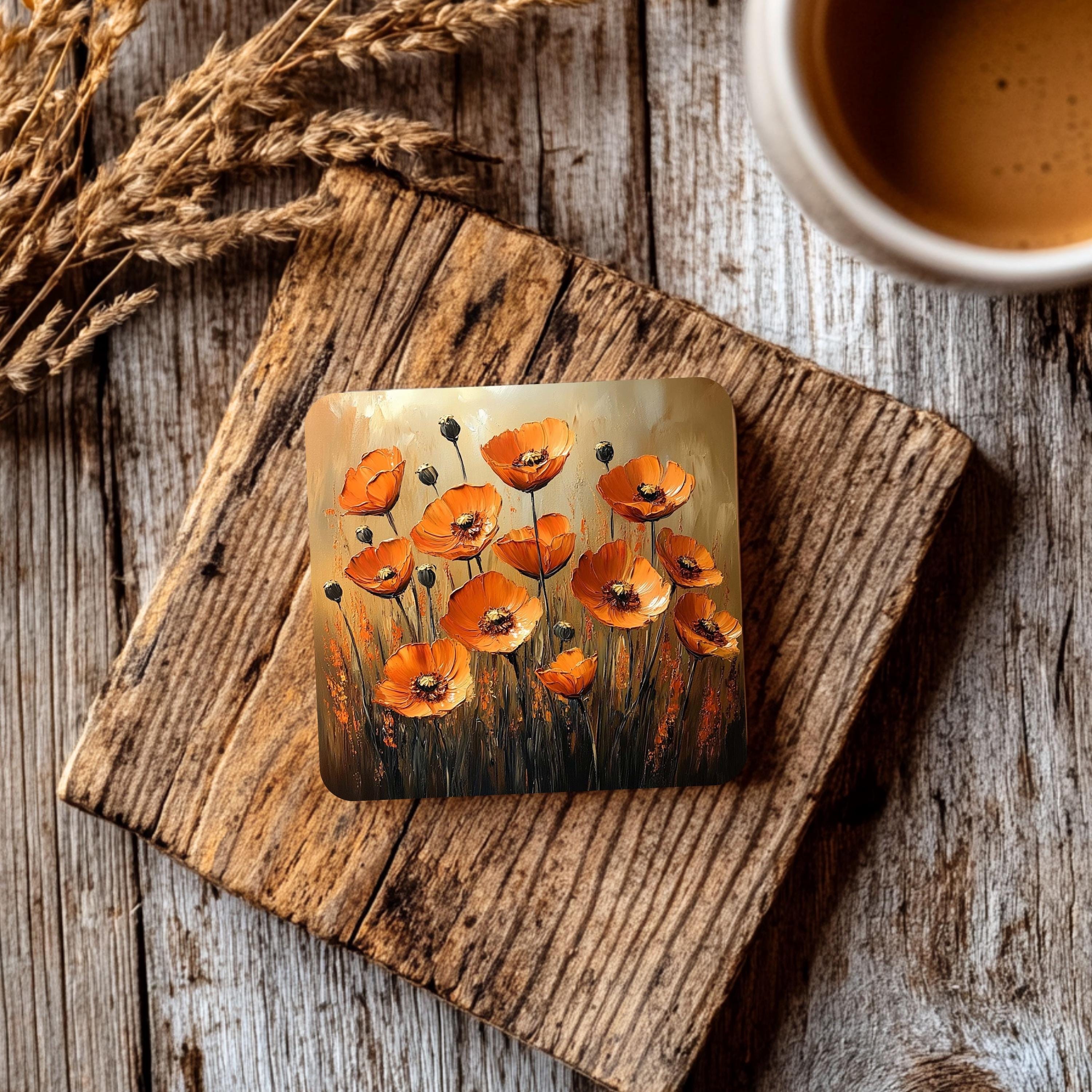 Rustic Orange Poppy Coaster Set of 4, Floral Botanical Ceramic Drink Coasters, Autumn Flower Home Decor Gift