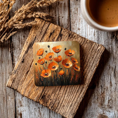 Rustic Orange Poppy Coaster Set of 4, Floral Botanical Ceramic Drink Coasters, Autumn Flower Home Decor Gift