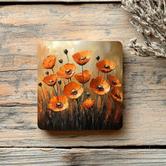Rustic Orange Poppy Coaster Set of 4, Floral Botanical Ceramic Drink Coasters, Autumn Flower Home Decor Gift