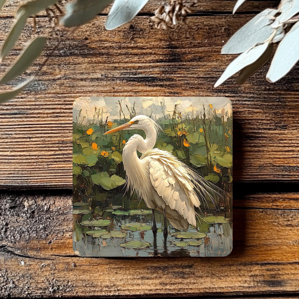 White Egret Pond Coaster Set of 4, Nature-Inspired Bird Art Coasters, Water Lily Marsh Ceramic Drink Coaster Set