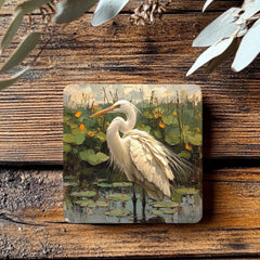 White Egret Pond Coaster Set of 4, Nature-Inspired Bird Art Coasters, Water Lily Marsh Ceramic Drink Coaster Set
