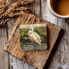 White Egret Pond Coaster Set of 4, Nature-Inspired Bird Art Coasters, Water Lily Marsh Ceramic Drink Coaster Set