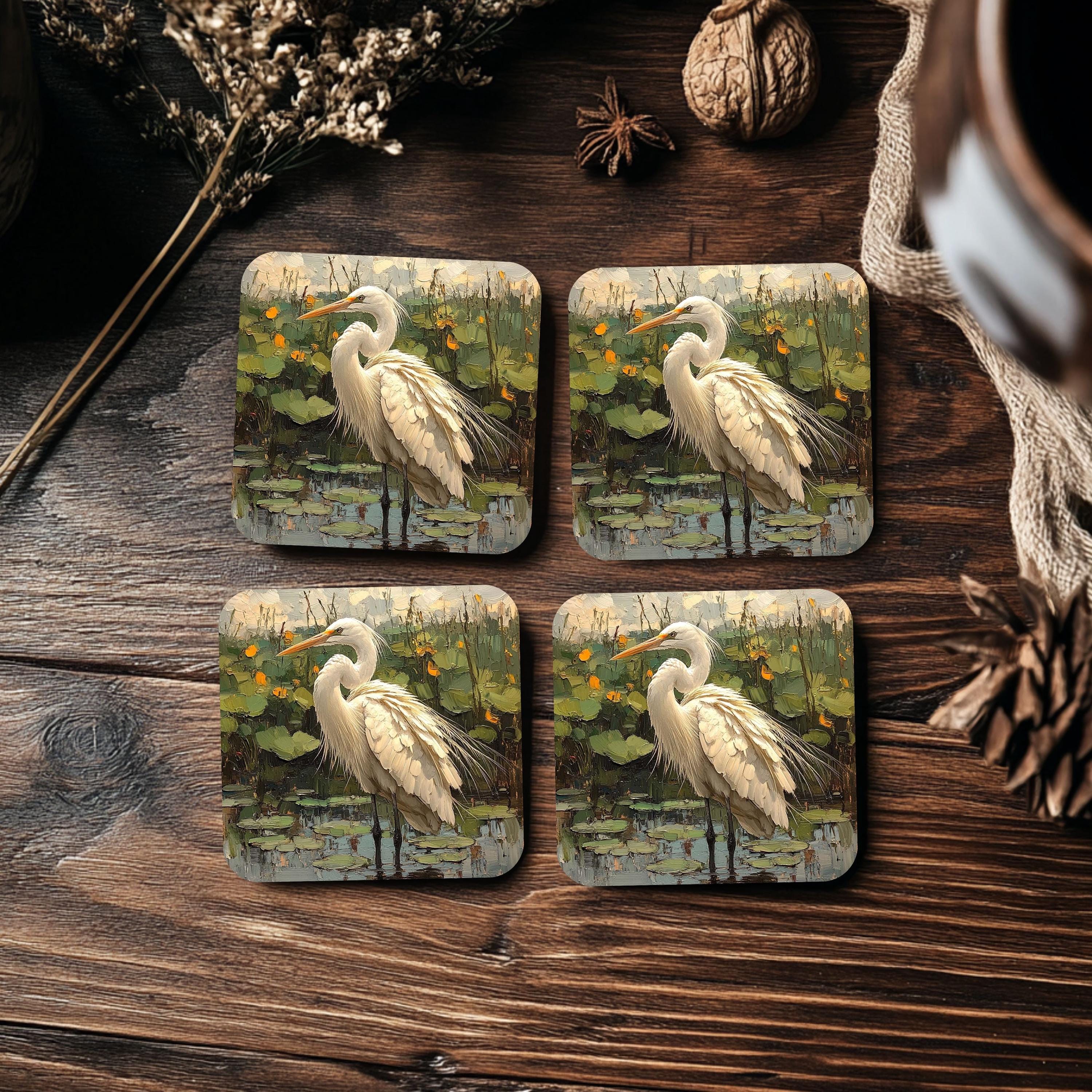 White Egret Pond Coaster Set of 4, Nature-Inspired Bird Art Coasters, Water Lily Marsh Ceramic Drink Coaster Set