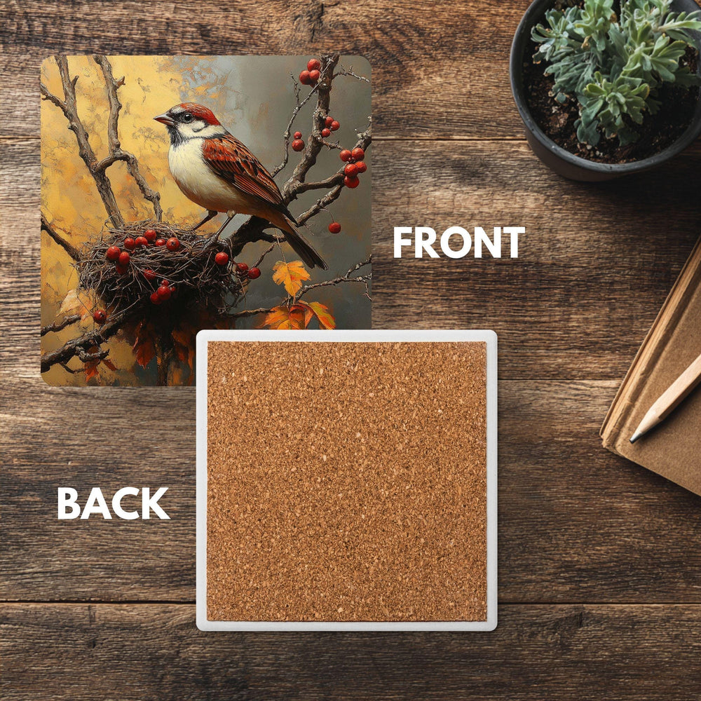 Autumn Sparrow Coaster Set of 4, Rustic Bird Nest Art Coasters, Fall Leaves Woodland Ceramic Drink Coaster Set