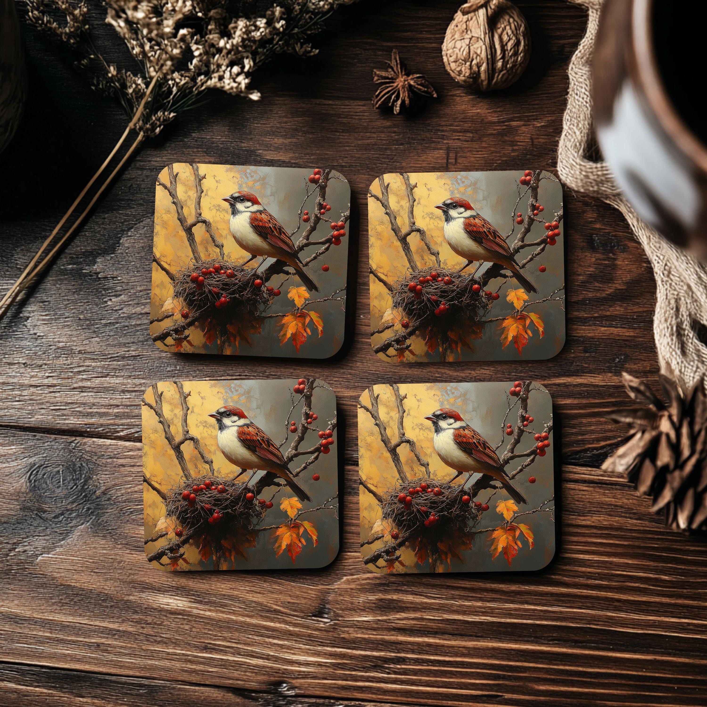 Autumn Sparrow Coaster Set of 4, Rustic Bird Nest Art Coasters, Fall Leaves Woodland Ceramic Drink Coaster Set