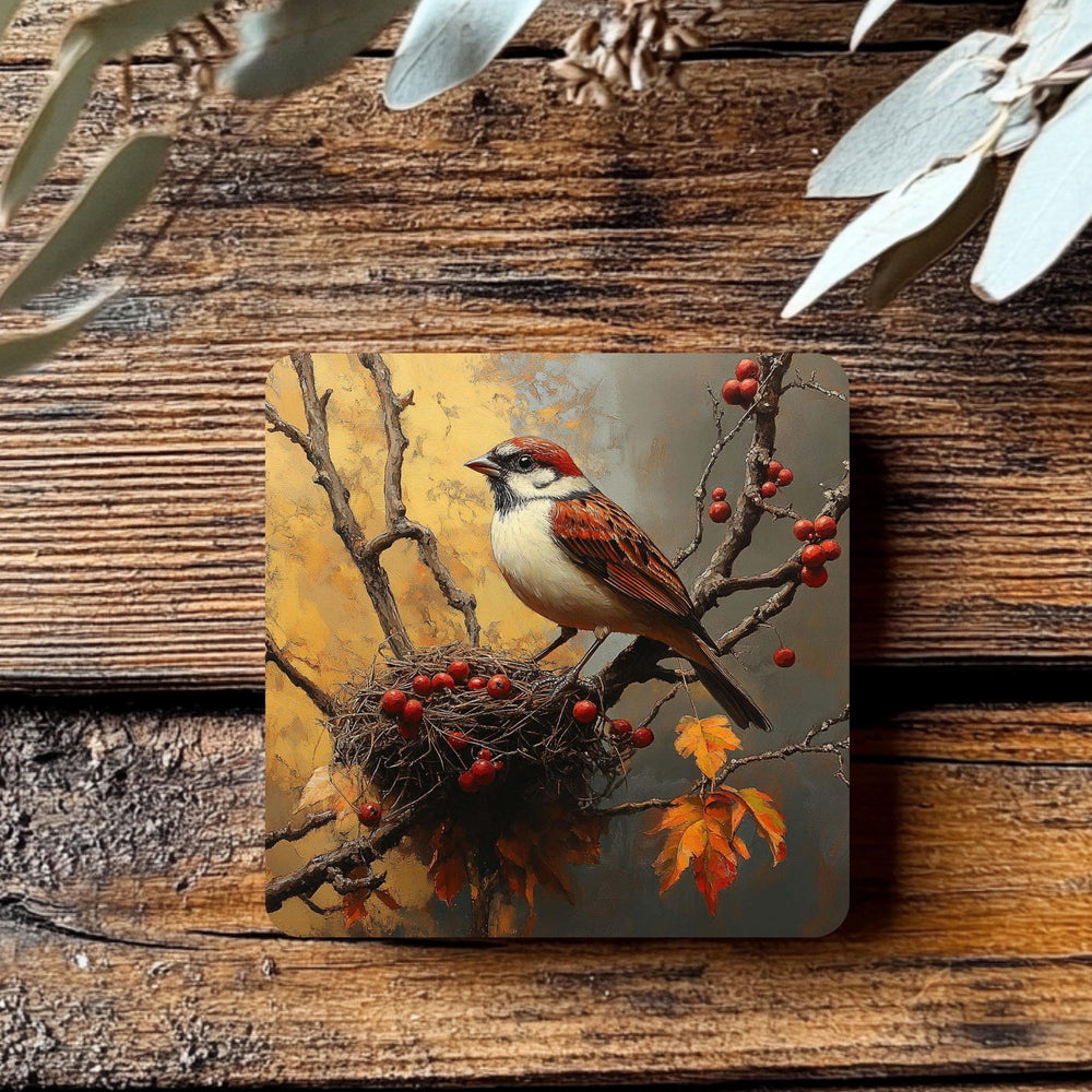 Autumn Sparrow Coaster Set of 4, Rustic Bird Nest Art Coasters, Fall Leaves Woodland Ceramic Drink Coaster Set