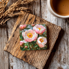 Pink Peony Coaster Set of 4, Romantic Floral Art Coasters, Garden Blossom Pastel Ceramic Drink Coaster Set