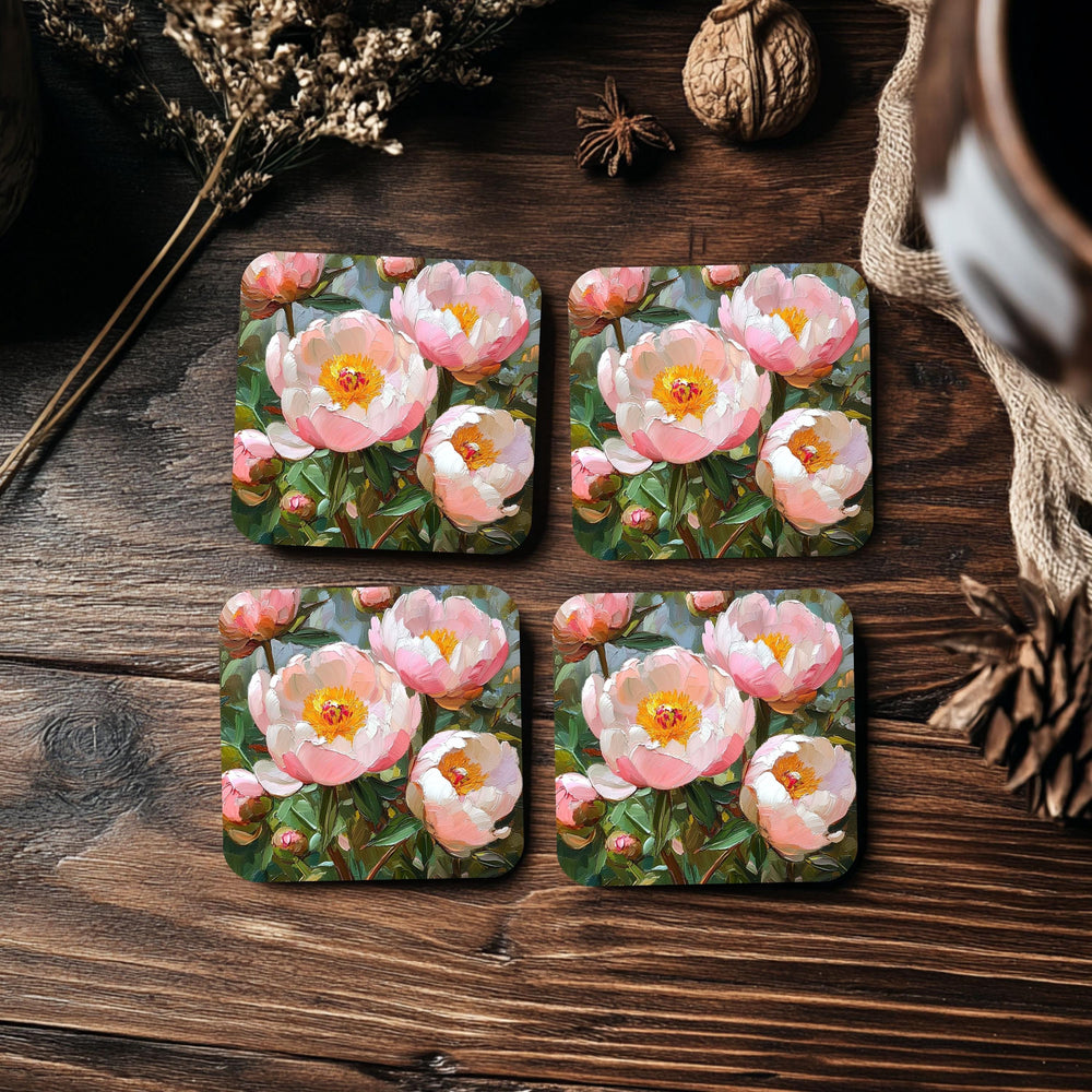 Pink Peony Coaster Set of 4, Romantic Floral Art Coasters, Garden Blossom Pastel Ceramic Drink Coaster Set