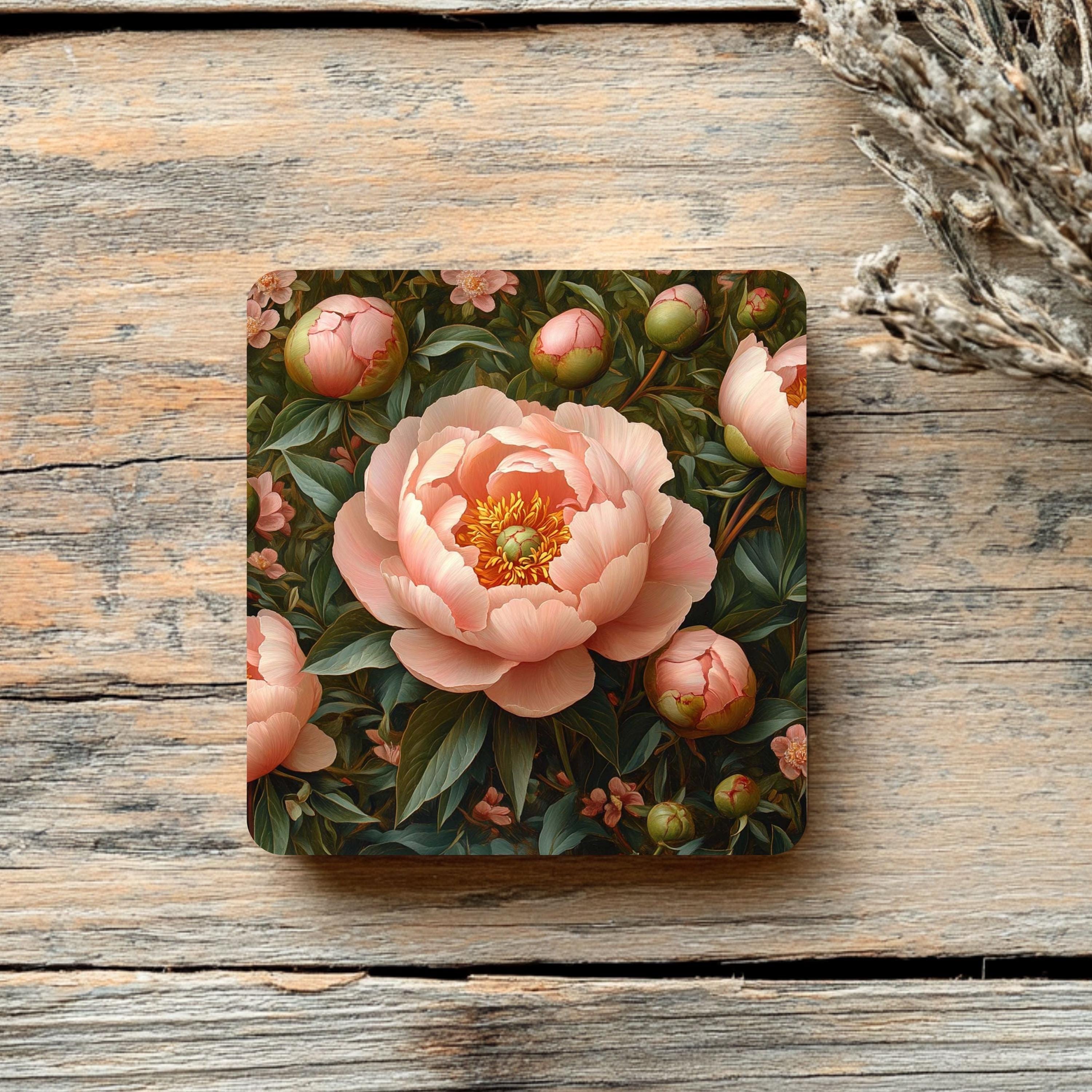 Dark Garden Peony Coaster Set of 4, Vintage Floral Botanical Coasters, Elegant Black Background Ceramic Drink Set