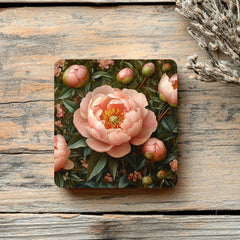 Dark Garden Peony Coaster Set of 4, Vintage Floral Botanical Coasters, Elegant Black Background Ceramic Drink Set