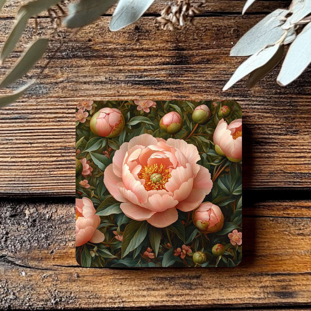 Dark Garden Peony Coaster Set of 4, Vintage Floral Botanical Coasters, Elegant Black Background Ceramic Drink Set