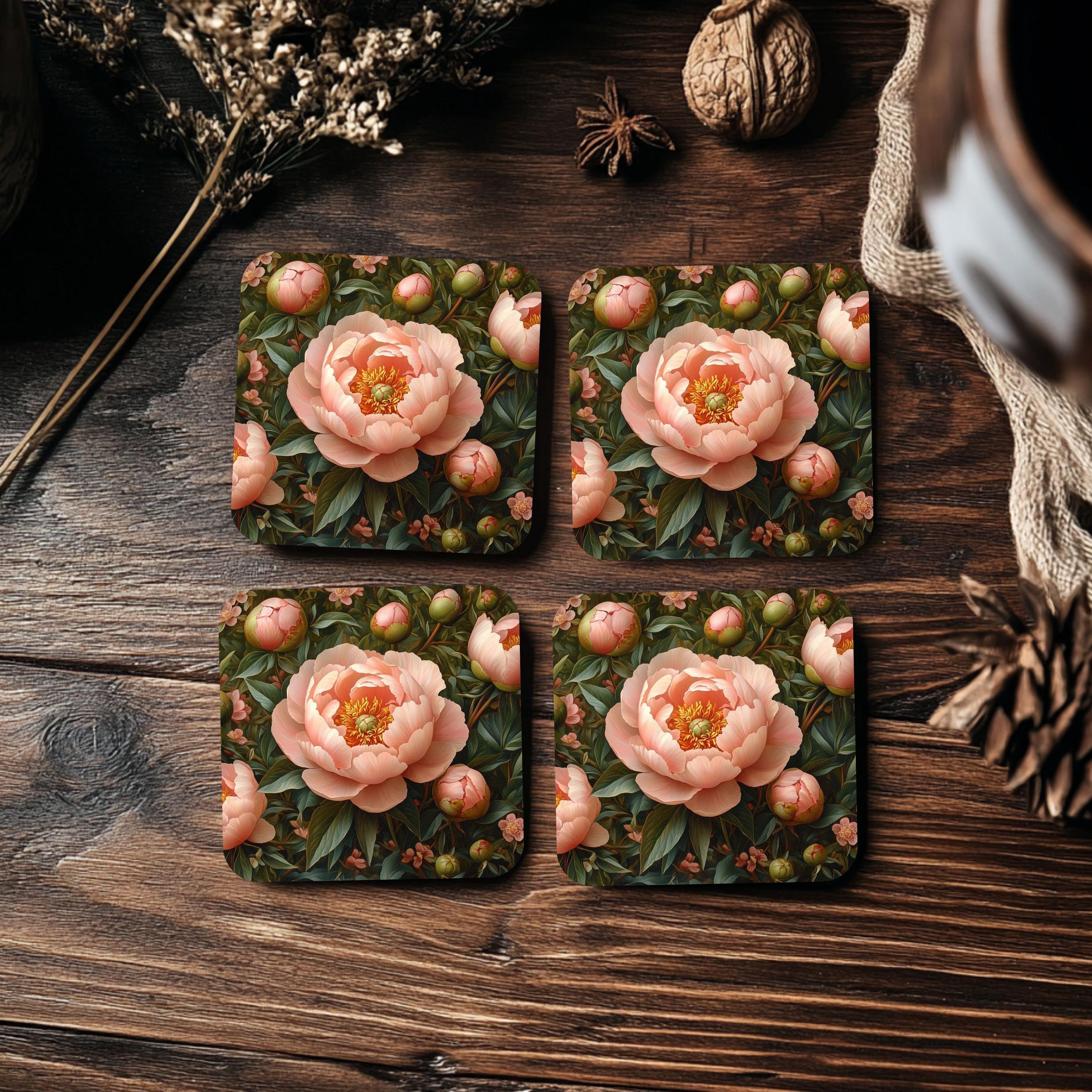 Dark Garden Peony Coaster Set of 4, Vintage Floral Botanical Coasters, Elegant Black Background Ceramic Drink Set