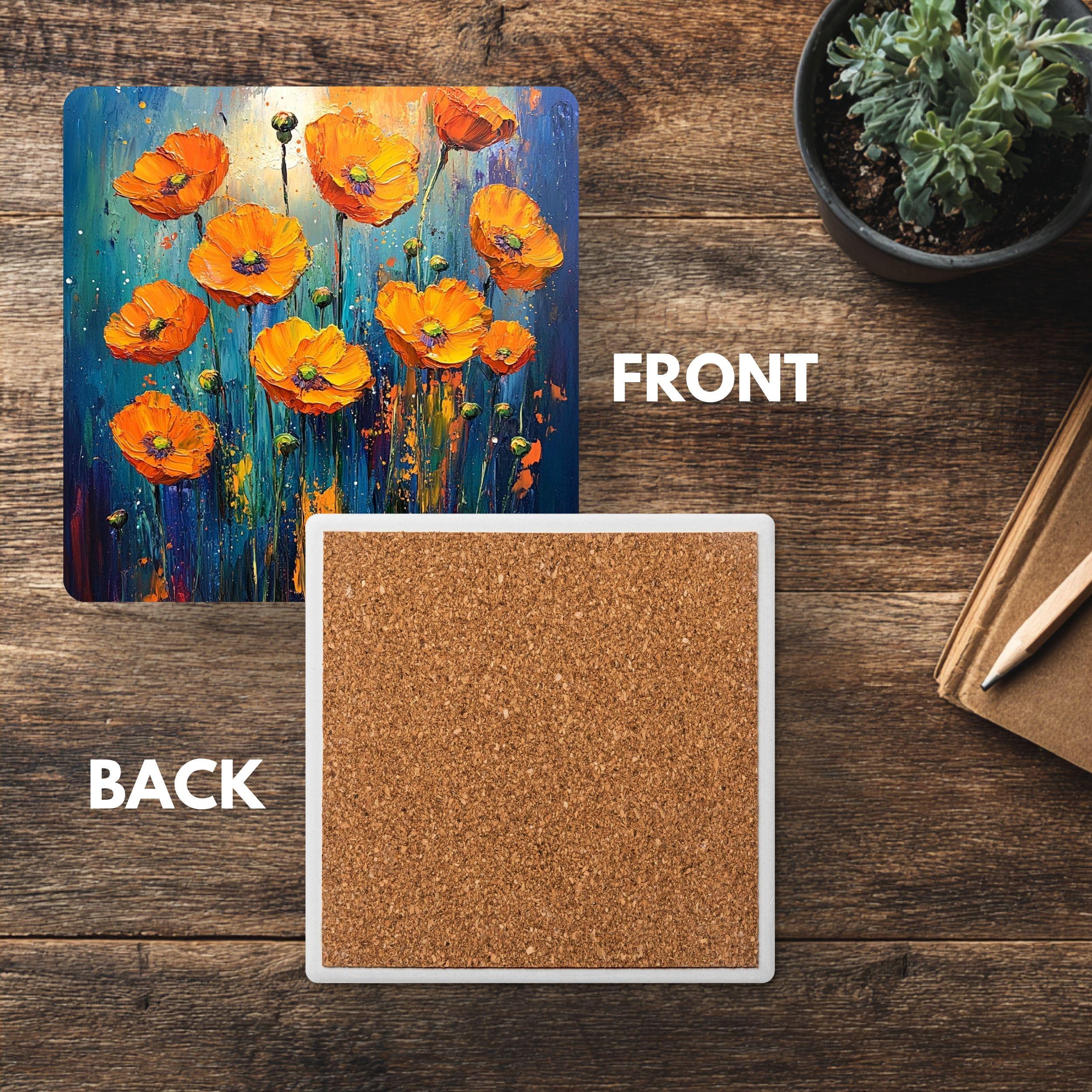 Colorful Poppy Field Coaster Set of 4, Vibrant Floral Art Coasters, Blue Yellow Garden Ceramic Drink Coaster Set