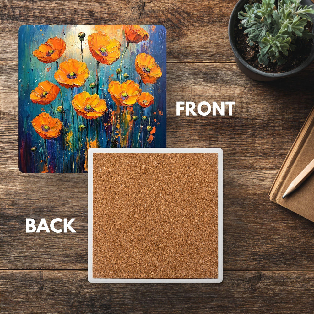 Colorful Poppy Field Coaster Set of 4, Vibrant Floral Art Coasters, Blue Yellow Garden Ceramic Drink Coaster Set